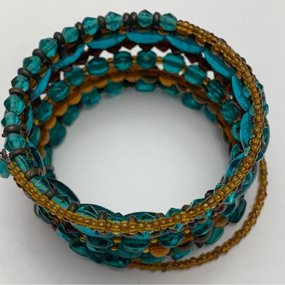 Turquoise teal amber brown glass beaded boho bohemian memory wire bracelet - Picture 8 of 8